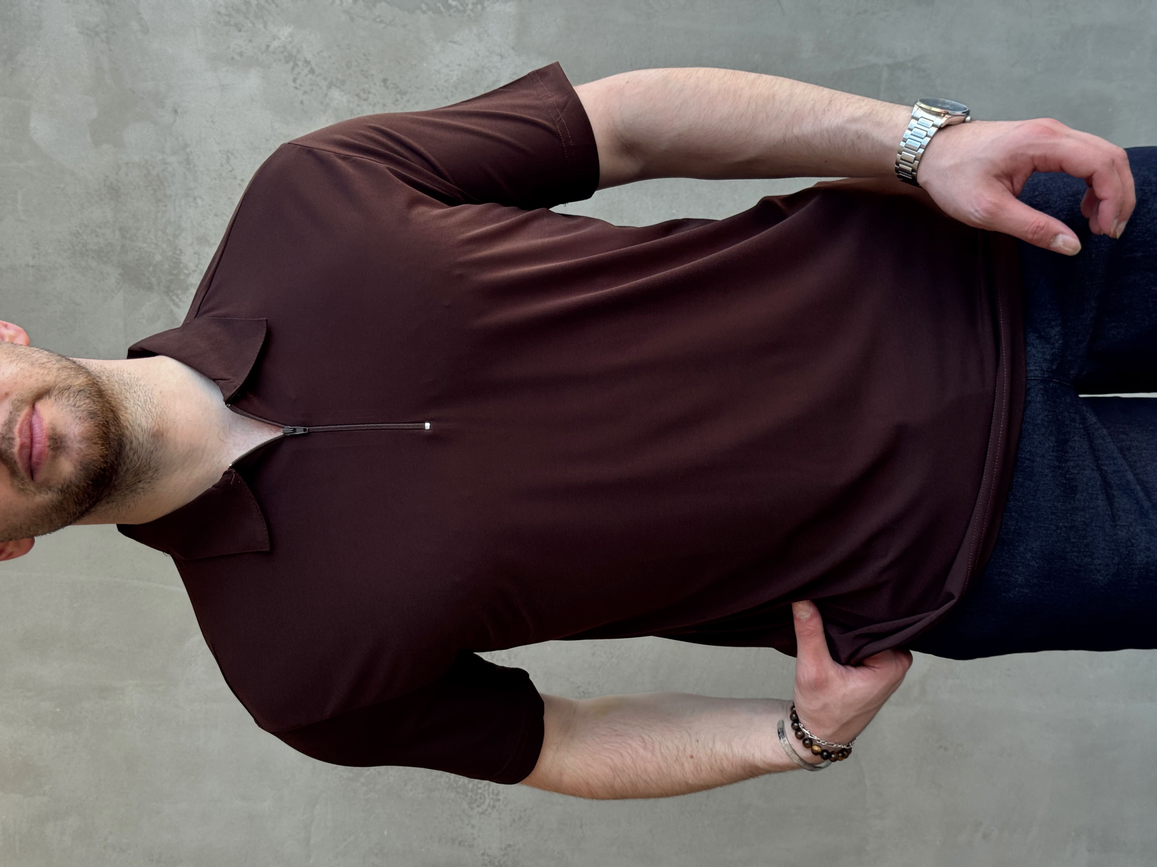 Erkek Zamansız Model Oversize Kalıp Fermuar Detaylı Polo Yaka T-Shirt-Kahverengi(E1744)Ketench