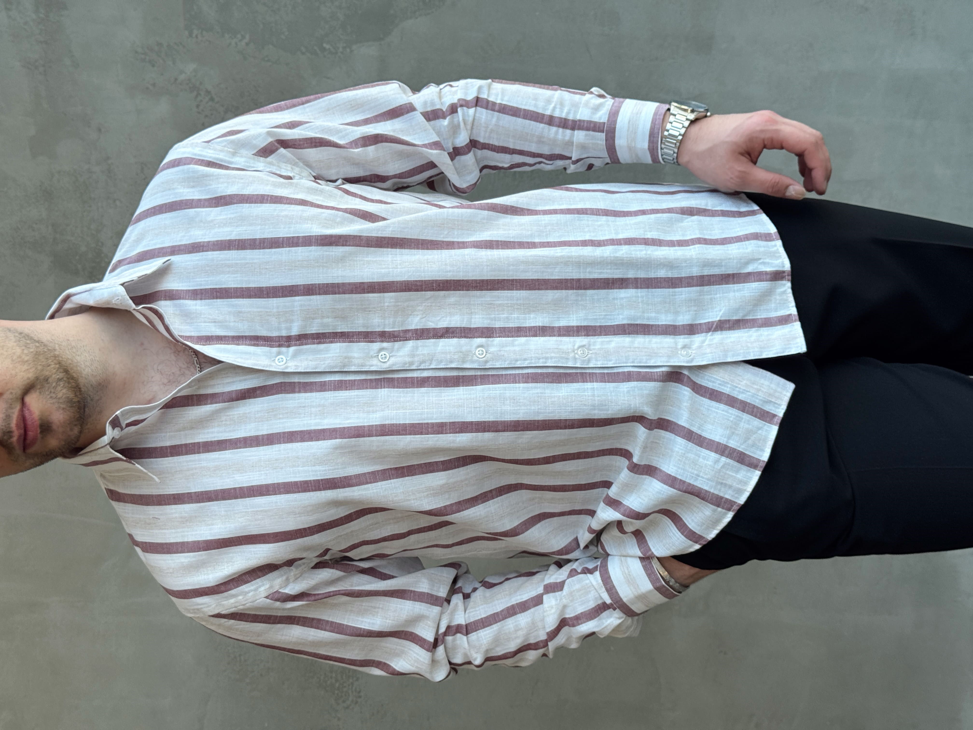 Erkek Zamansız Regular Fit Şerit Detaylı Keten Gömlek-Bordo(E1756)Ketench
