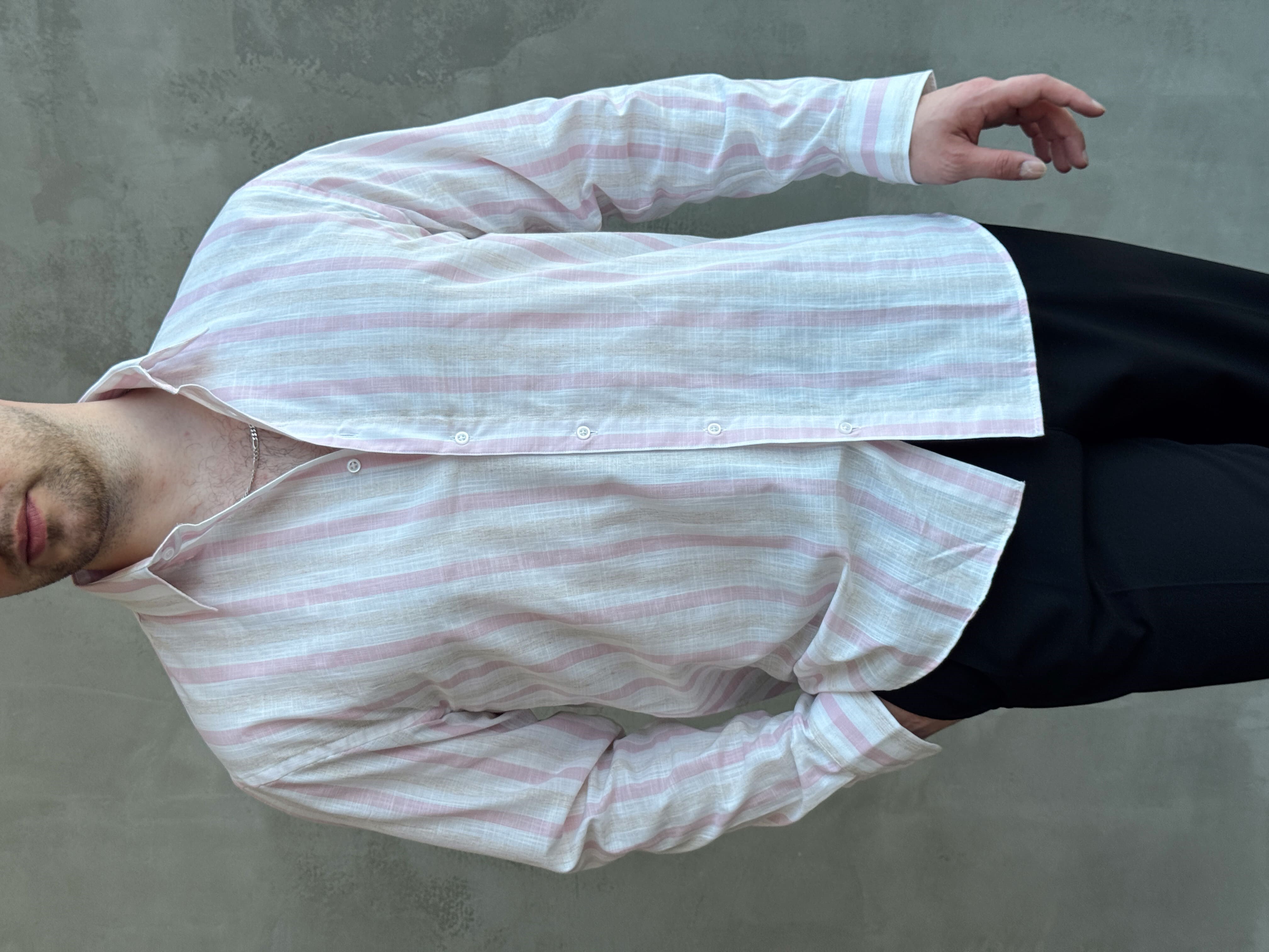 Erkek Zamansız Regular Fit Şerit Detaylı Keten Gömlek-Pembe(E1756)Ketench