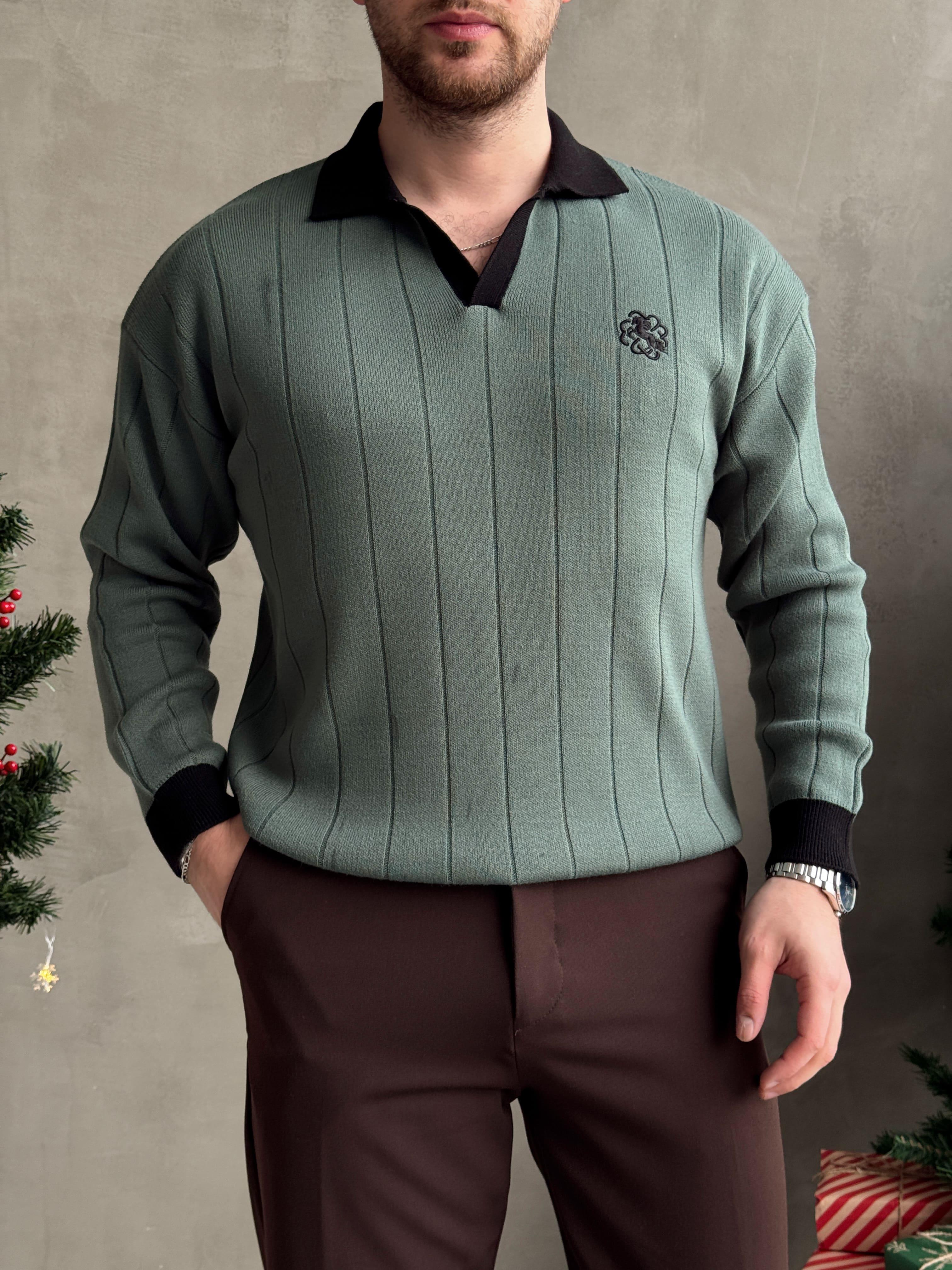 Erkek Zamansız Stil Oversize Kalıp Nakış Detaylı Polo Yaka Triko Kazak-Yeşil(E1560)Ketench