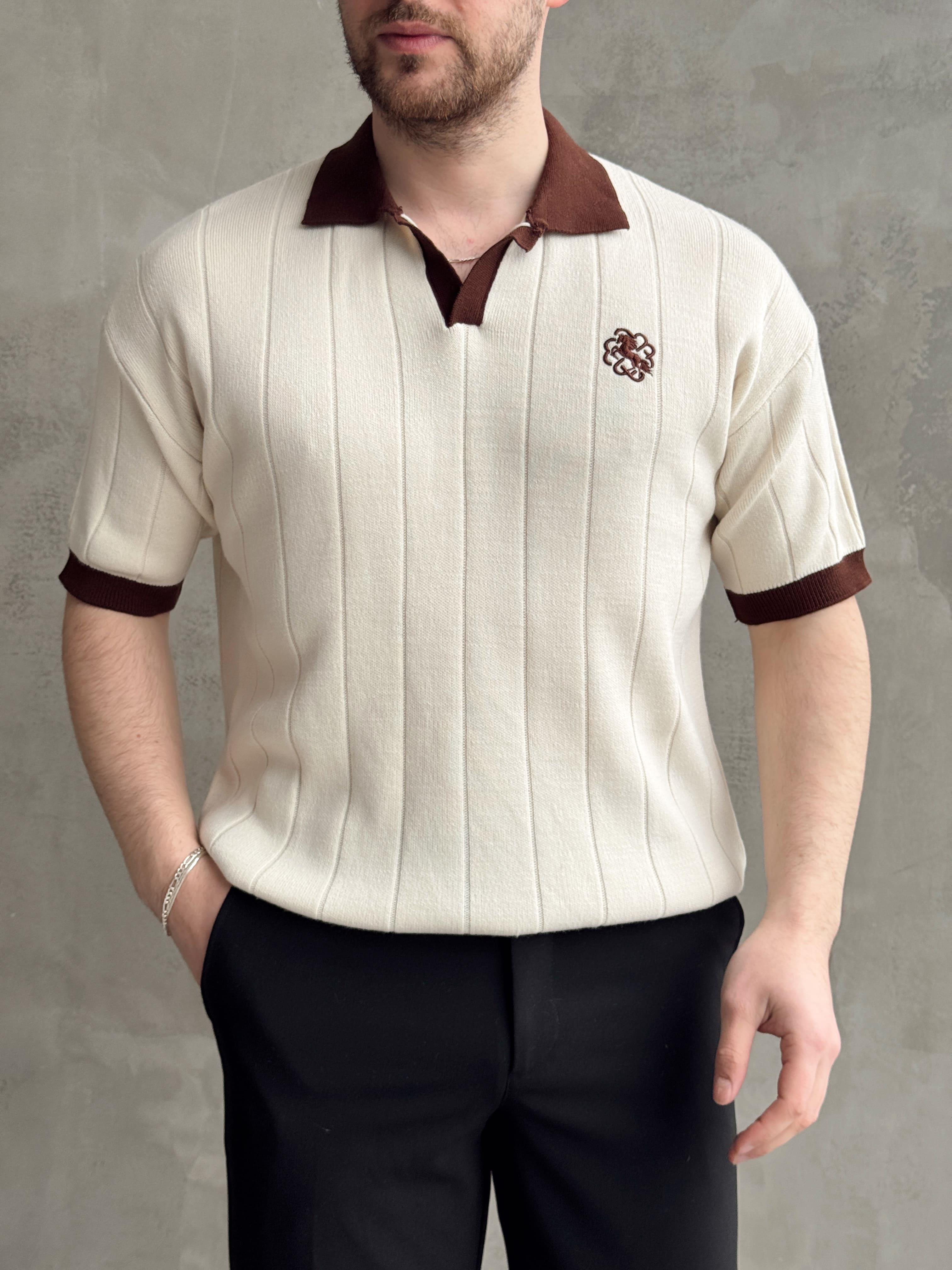 Erkek Zamansız Stil Oversize Kalıp Nakış Detaylı Polo Yaka Triko T-Shirt-Bej(E1609)Ketench