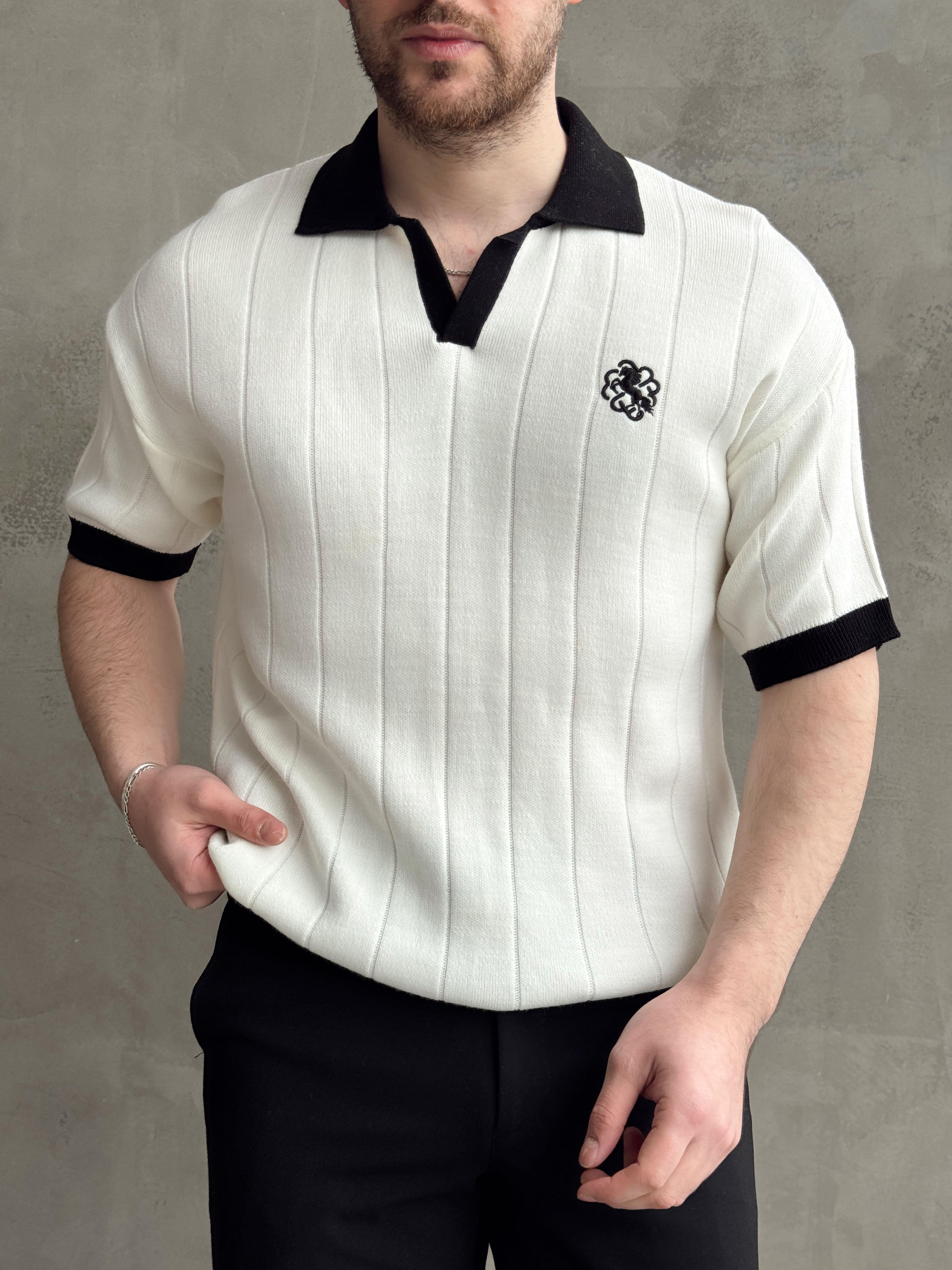 Erkek Zamansız Stil Oversize Kalıp Nakış Detaylı Polo Yaka Triko T-Shirt-Beyaz(E1609)Ketench