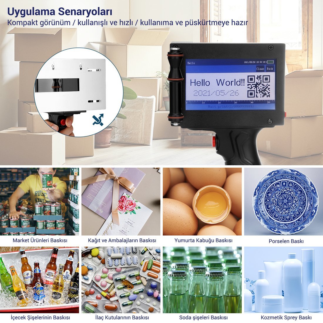Powermaster PM-10878 4.3 Dokunmatik Ekranlı Şarjlı Endüstriyel El Tipi Portatif Mürekkep Yazıcı İçerik