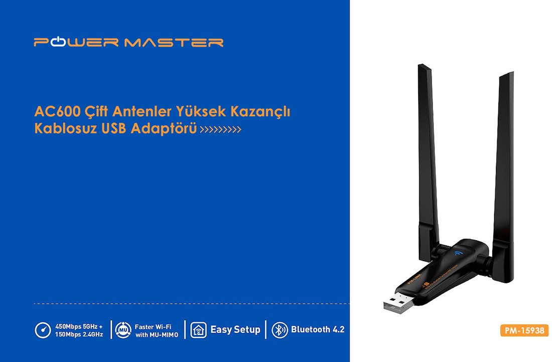 Powermaster PM-15938 450 Mbps 2.4GHz - 5GHz Çift Antenli Wifi USB Kablosuz Adaptör İçerik