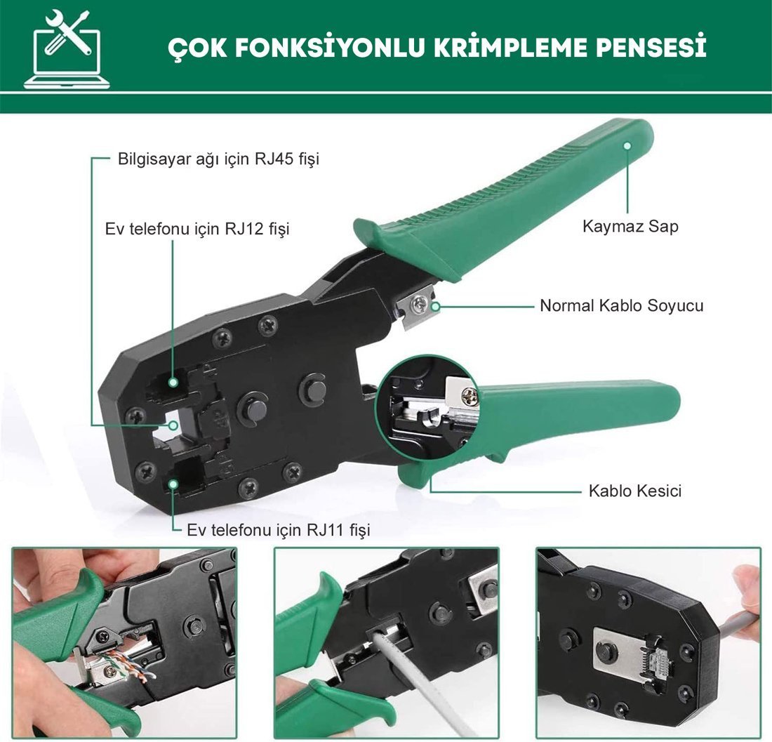 Powermaster PM-15953 RJ9-RJ11-RJ45 3'lü Penseli Kablo Test ve Onarım Seti İçerik
