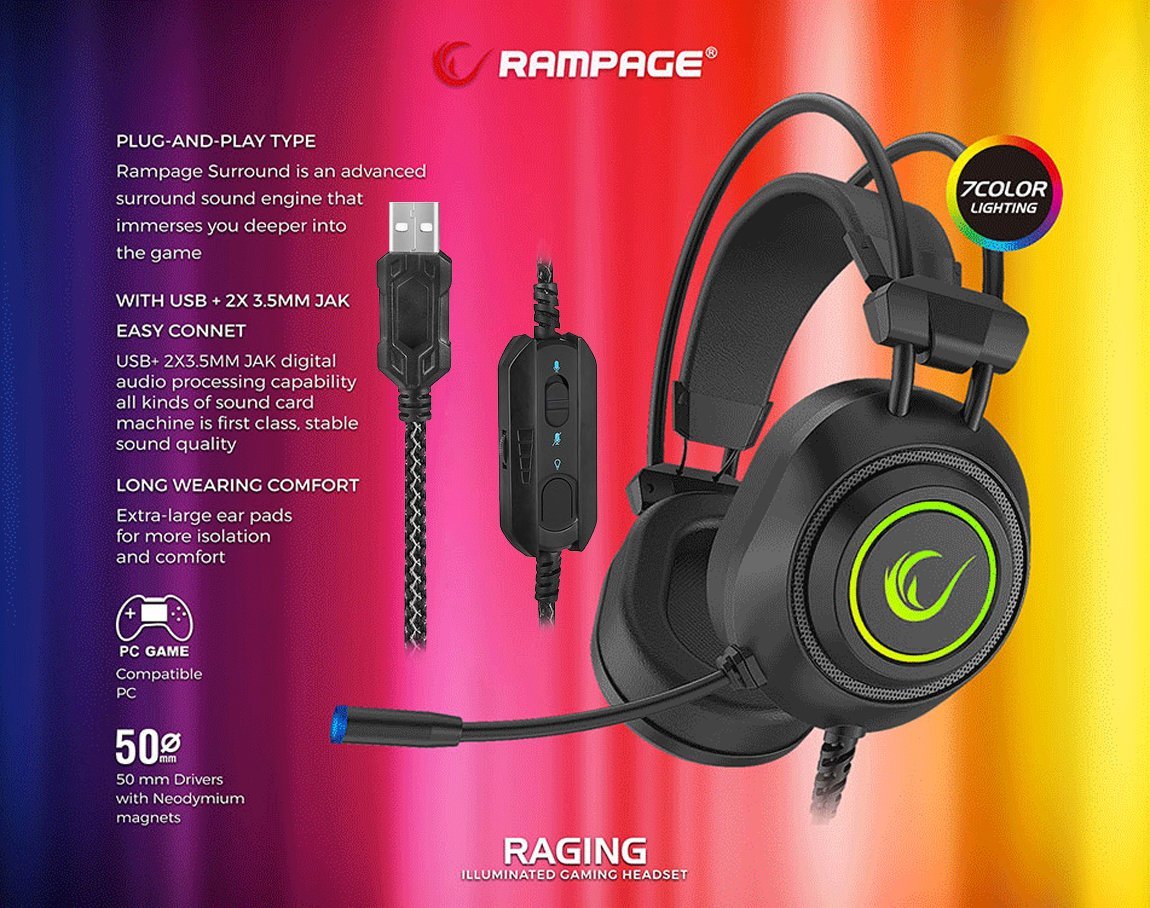  Rampage RM-K19 RAGING PLUS Siyah USB 7,1 Version RGB Ledli Gaming Oyuncu Mikrofonlu Kulaklık