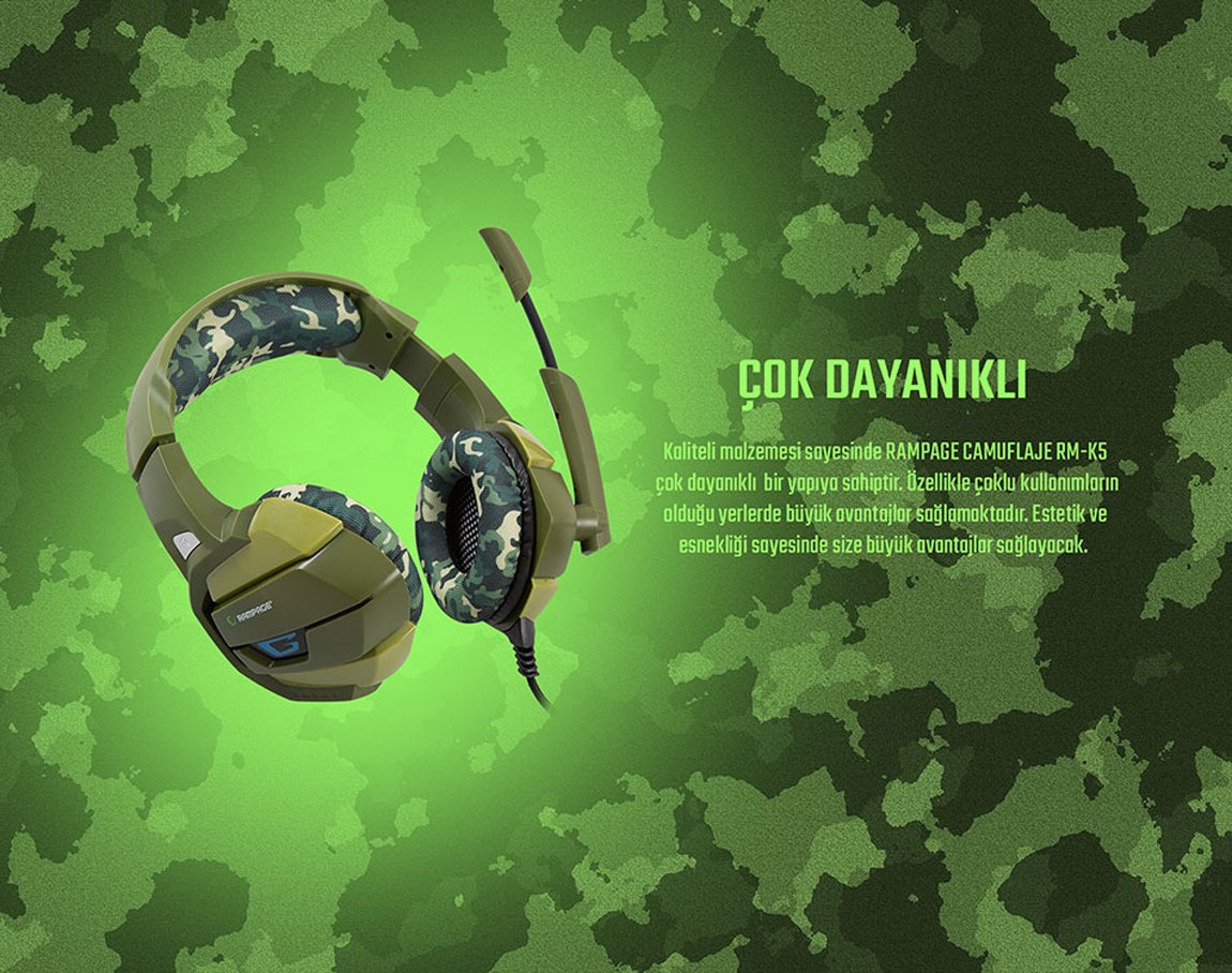  Rampage RM-K5 Kamuflaj Renkli 7.1 Surround Sound System USB Mikrofonlu Oyuncu Kulaklığı