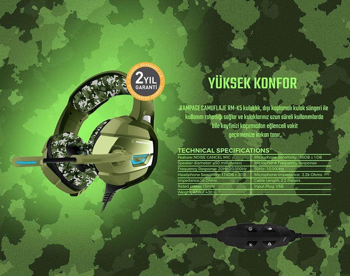  Rampage RM-K5 Kamuflaj Renkli 7.1 Surround Sound USB Mikrofonlu Oyuncu Kulaklığı
