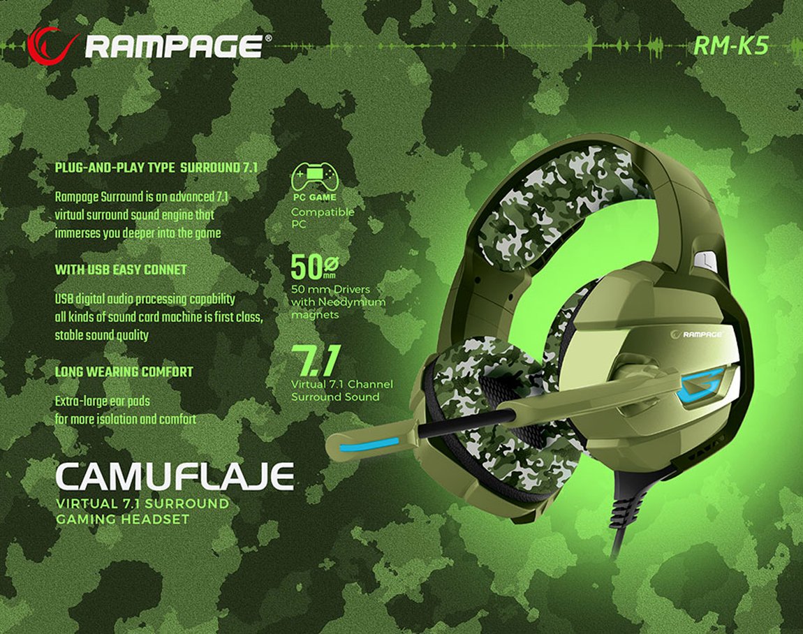  Rampage RM-K5 CAMUFLAJE Kamuflaj Renkli 7.1 Surround Sound System USB Mikrofonlu Oyuncu Kulaklığı
