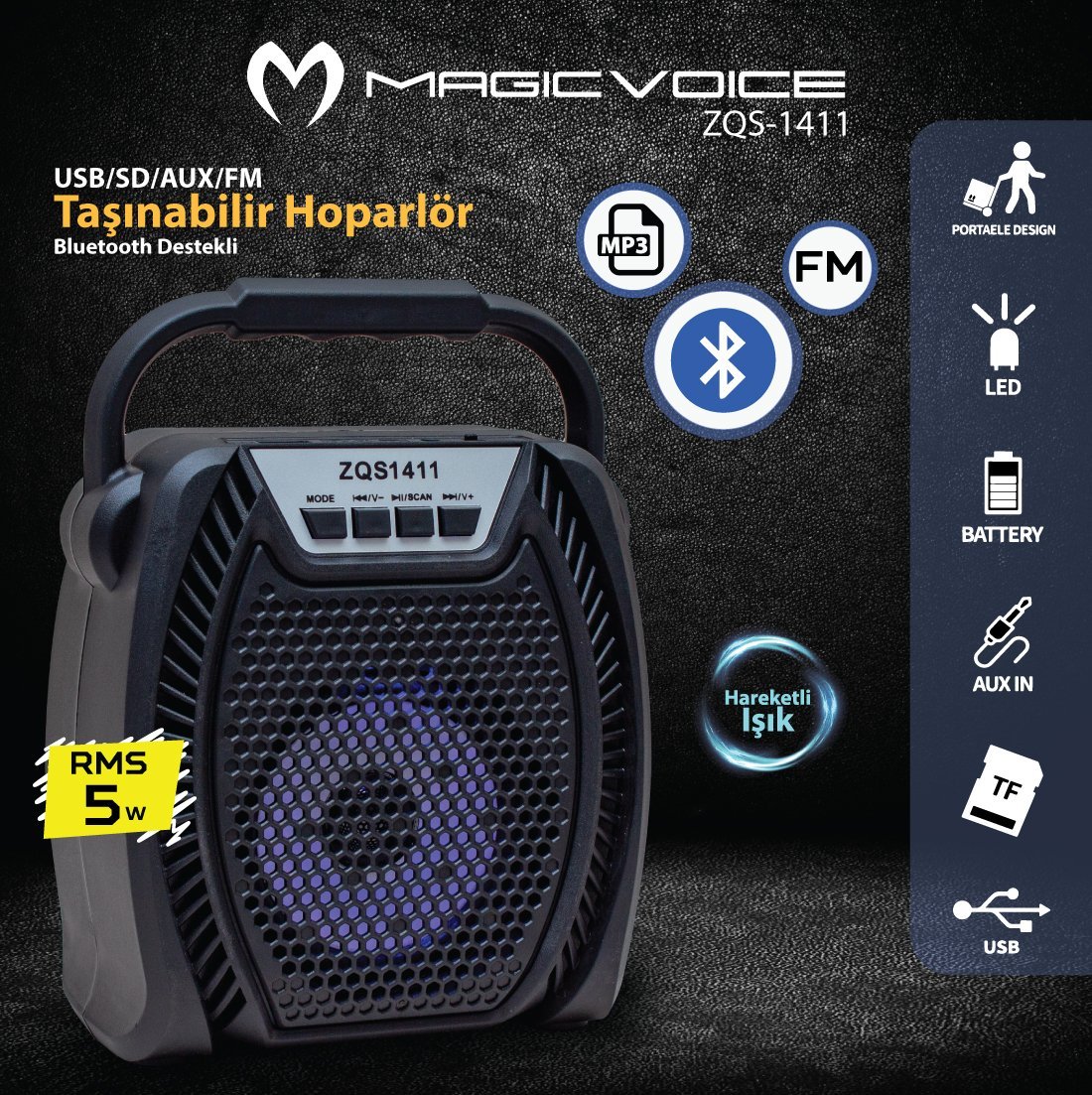 Magicvoice 5 Watt USB-SD-Aux-FM-Bluetooth Destekli Taşınabilir Hoparlör ZQS-1411