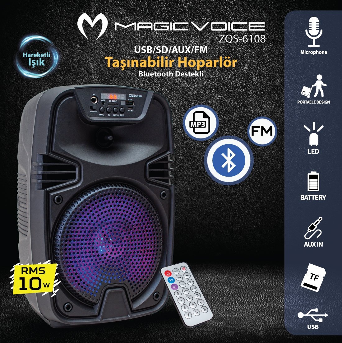 Magicvoice ZQS-6108 10 Watt 16 Cm USB-SD-FM-Bluetooth Destekli Mikrofon Girişli Taşınabilir Hoparlör