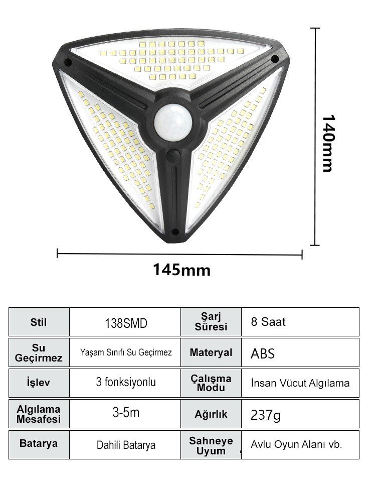 Powermaster MX-1219A 138 SMD Ledli Sensörlü 3 Modlu Solar Duvar Lambası İçerik