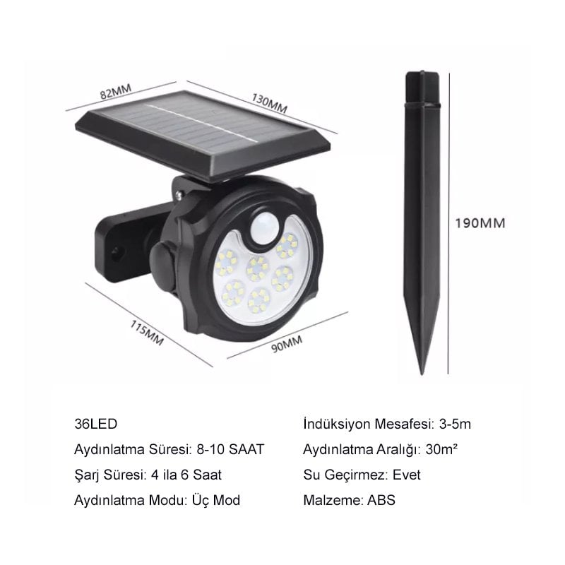 Powermaster SH-1705B 36 Ledli Sensörlü 3 Modlu Solar İndiksiyon Duvar Lambası İçerik