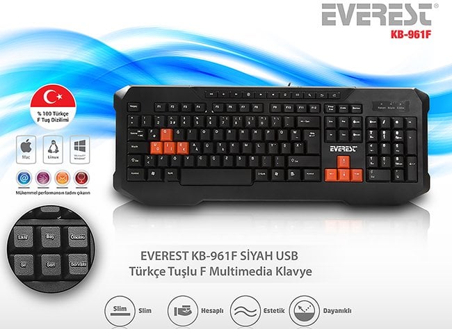 Everest KB-961F Siyah Usb Türkçe Tuşlu F Multimedia Klavye