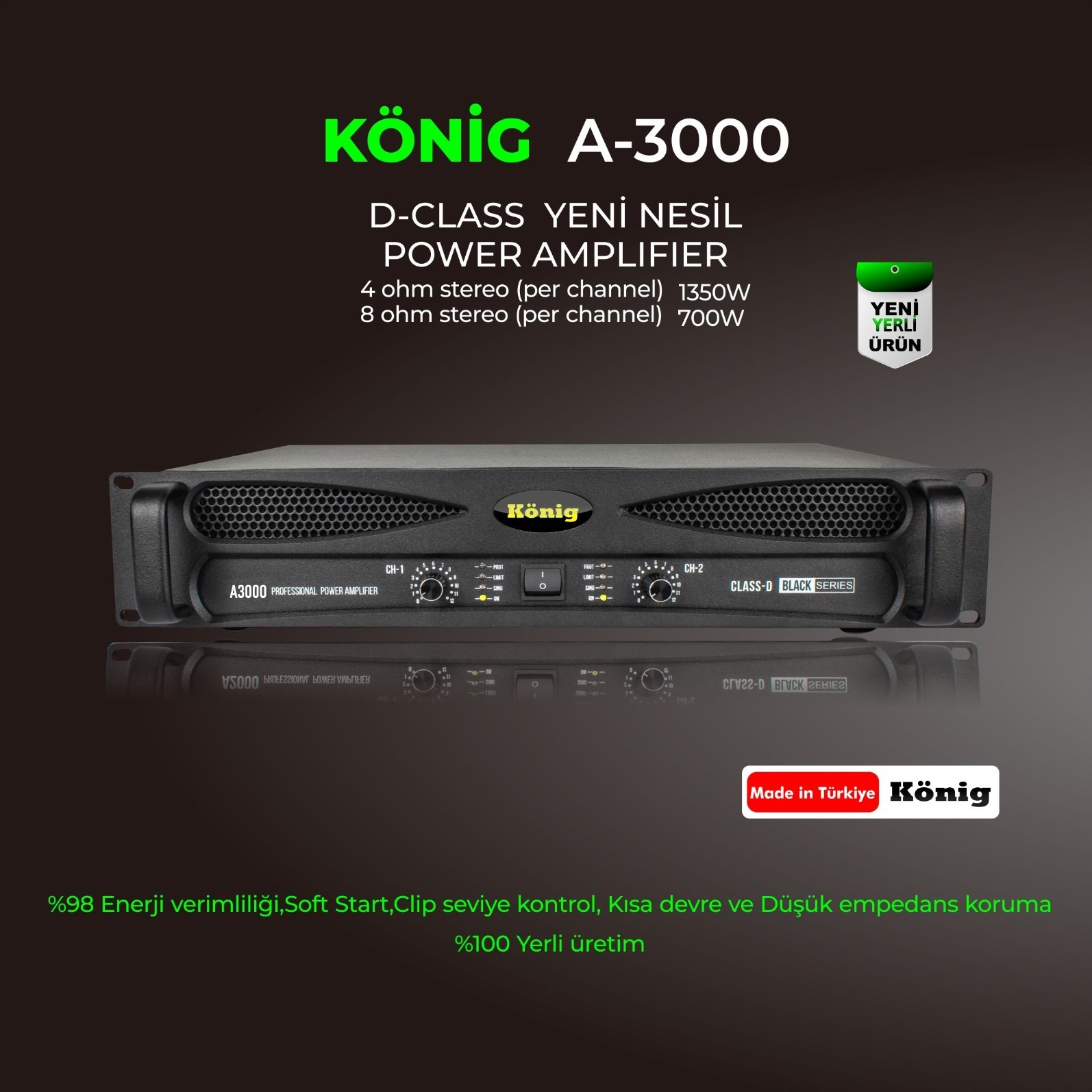 König A-3000 Black Serisi 4 Ohm 2x1350 Watt D-Class Power Amfi