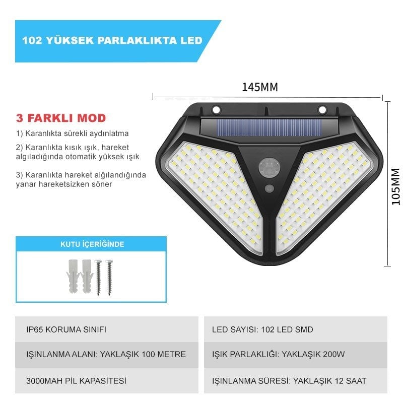 Powermaster LF-1728A Çok Fonksiyonlu 3 Modlu Hareket Sensörlü 102 Cob Ledli İndüksiyon Duvar Lambası İçerik