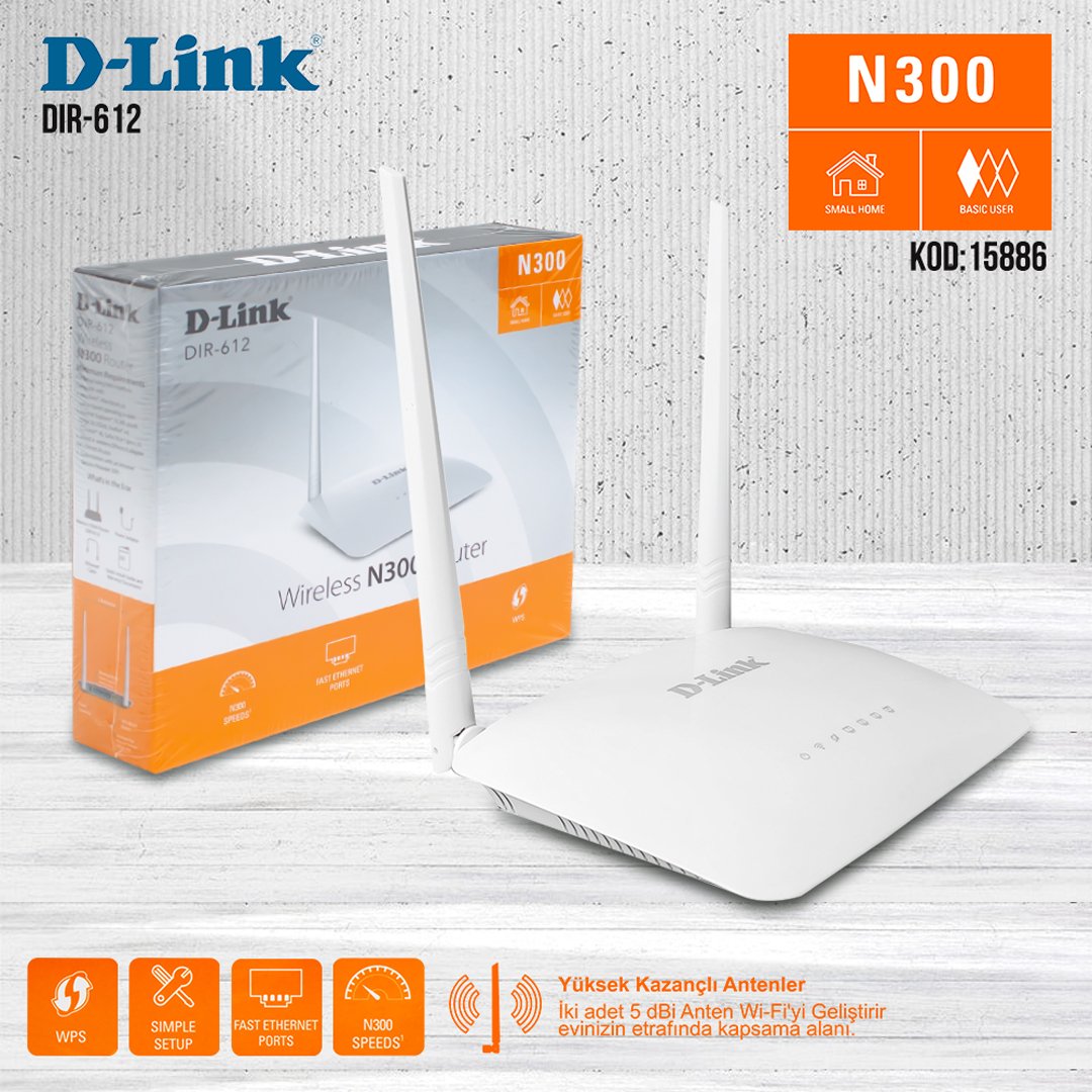 D-Link DIR-612 300 Mbps 5 DBI 2 Antenli Wireless N300 Router