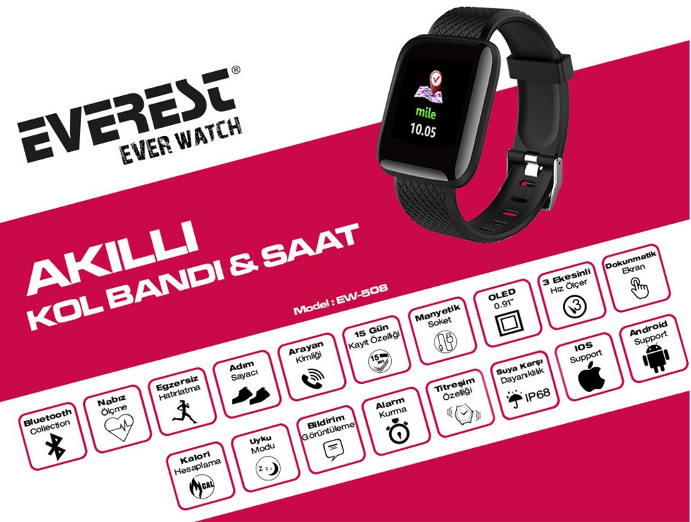 Everest EW-508 Everwatch Android-iOs Uyumlu Kalp Atışı Sensörlü Smart Akıllı Saat