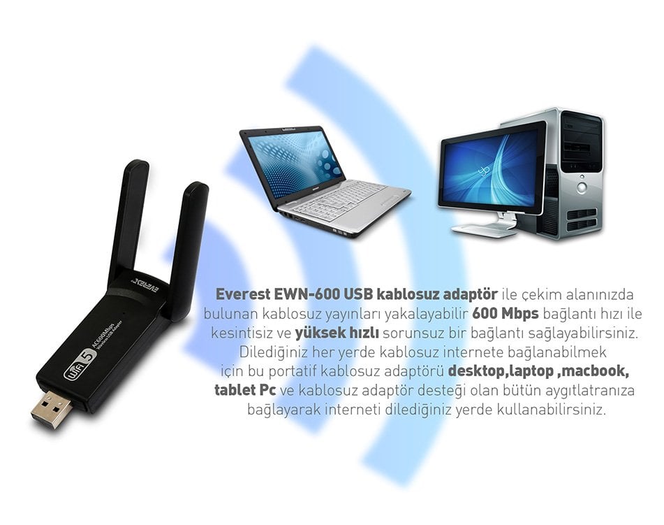 Everest EWN-600 600 Mbps 1T1R 2.4 Ghz – 5 Ghz Wifi Usb Kablosuz Adaptör