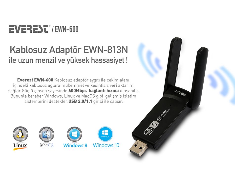Everest EWN-600 600 Mbps 1T1R 2.4 Ghz – 5 Ghz Wifi Usb Kablosuz Adaptör