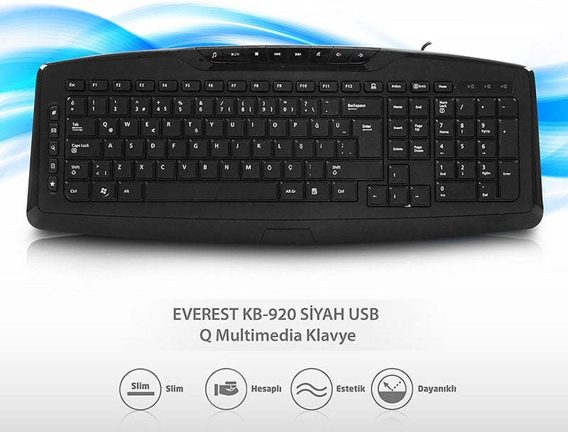 Everest KB-920 USB Kablolu Full Boy 14 Multimedia Tuşlu Q Klavye Siyah