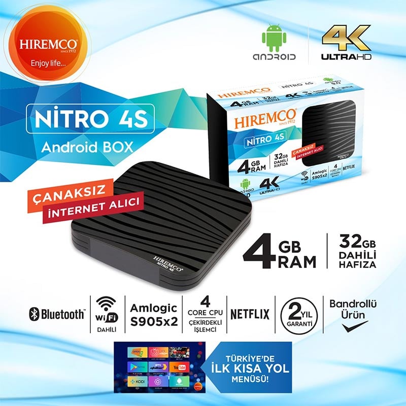 Hiremco Nitro 4S 9.0 Android Box 4GB DDR3 Ram 32GB Hafıza Dahili Wifi Netflix Uydu Alıcısı