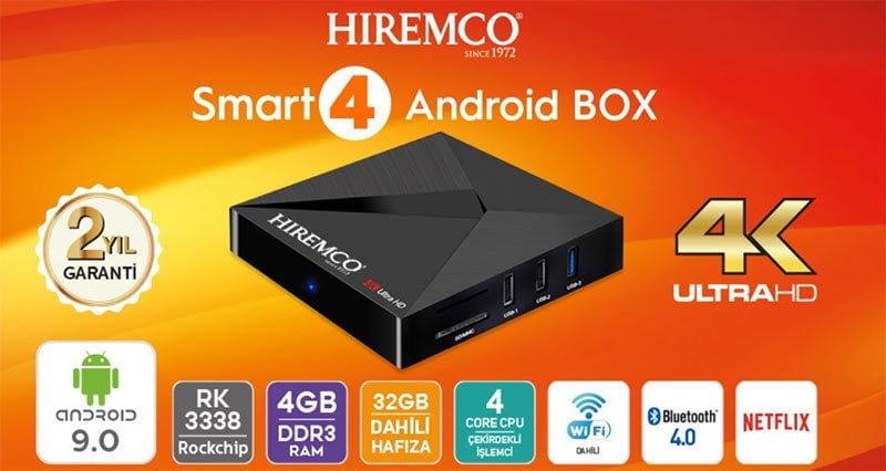 Hiremco Smart 4 4K 9.0 Android Box 4GB DDR3 Ram Wifi Netflix Uydu Alıcısı