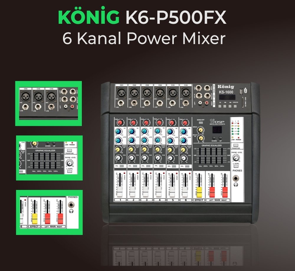 König K-6P500FX 6 Kanal USB-SD-MMC 500 Watt Power Mixer Amfi
