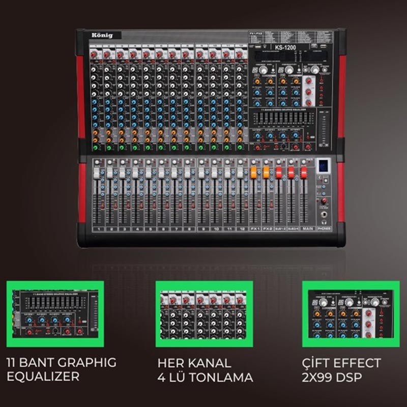 König KS-1200 12 Kanal 6 Aux USB-SD-Bluetooth Çift Effect Deck Mixer
