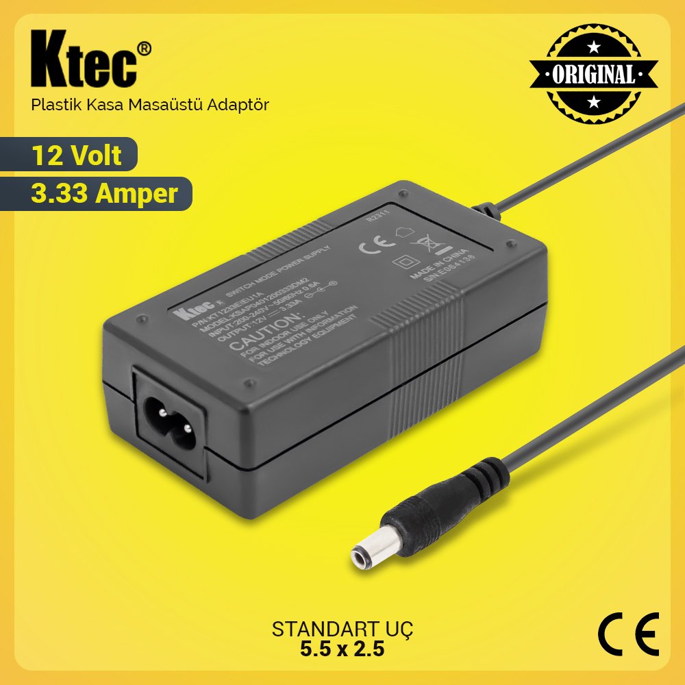 Ktec 12 Volt 3.33 Amper Plastik Kasa Masaüstü Adaptör 5.5 x 2.5 Standart Uç