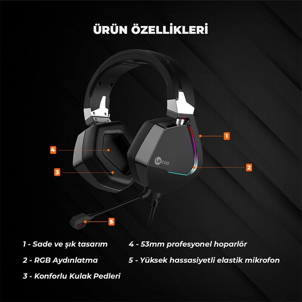 Lenovo Lecoo HT402 USB 7.1 Surround Kulak Üstü RGB Led Aydınlatmalı Kablolu Gaming Oyuncu Kulaklık