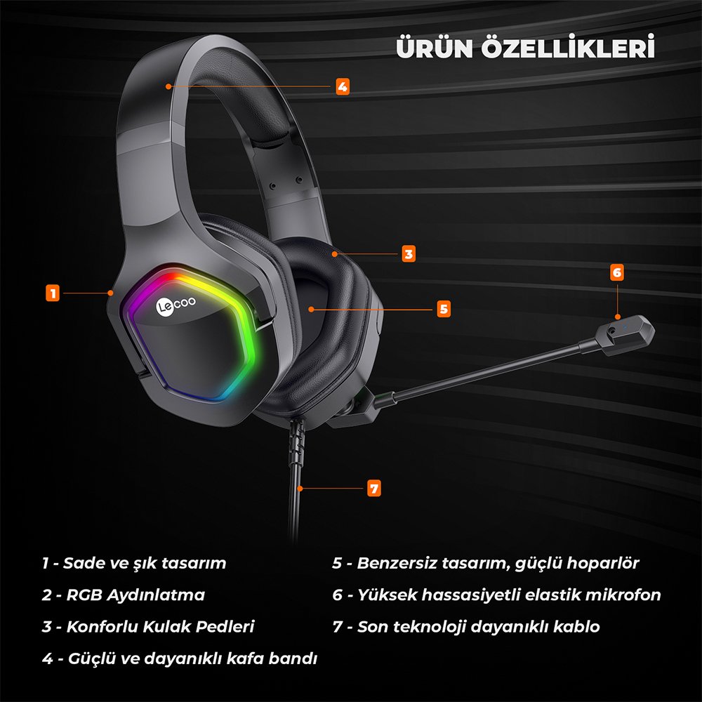 Lenovo Lecoo HT403 USB 2.0 Kulak Üstü RGB Led Aydınlatmalı Kablolu Gaming Oyuncu Kulaklık