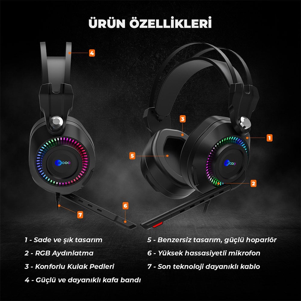 Lenovo Lecoo HT405 Kulak Üstü RGB Led Aydınlatma Kablolu Gaming Oyuncu Kulaklık