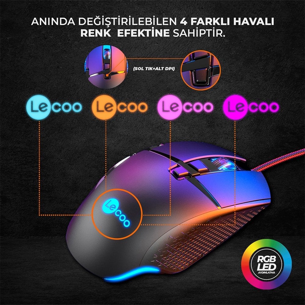 Lenovo Lecoo MG1101 6400 DPI 7 Tuşlu Kablolu RGB Led Aydınlatmalı Gaming Oyuncu Mouse
