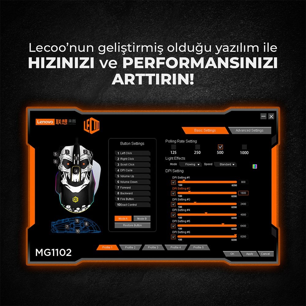 Lenovo Lecoo MG1102 8200 DPI 10 Makro Tuşlu Kablolu RGB Ledli Gaming Mouse + Mousepad