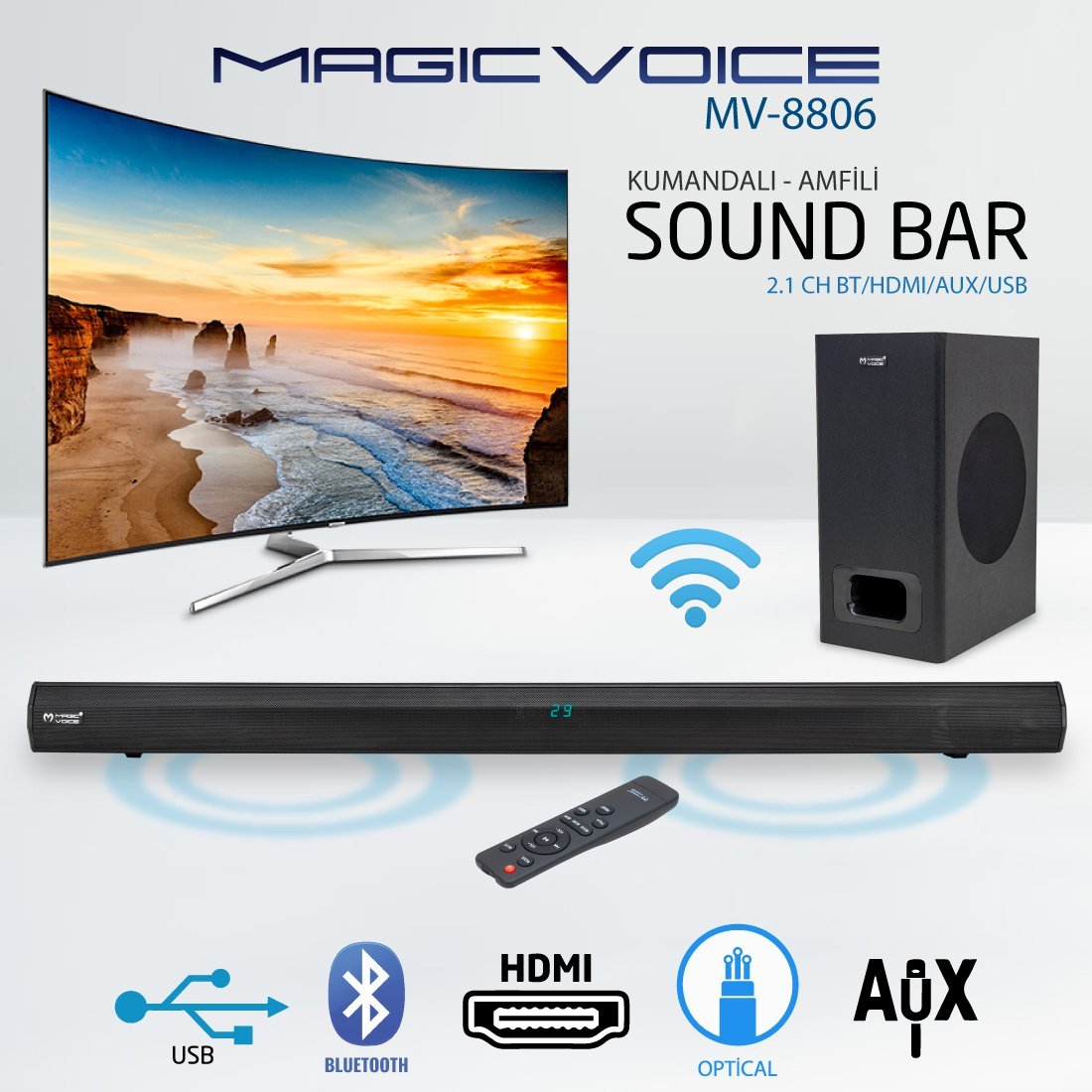 Magicvoice MV-8806 2.1 CH BT/HDMI/AUX/USB Kumandalı Anfili Sound Bar