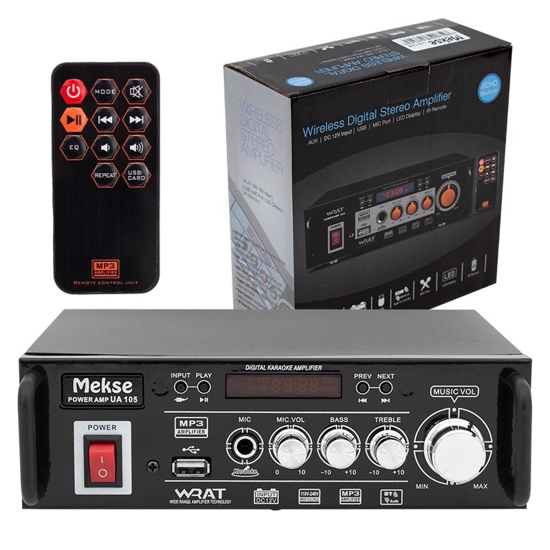 Mekse USB-AUX-UK-Bluetooth 220V-12V Giriş Led Ekran 40W Stereo Anfi UA-105 