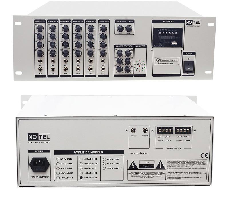 No-Tel 2x200 W 4-8 Ohm Çift Çıkış USB-SD Trafolu Anfi NOT-A-2200BTT