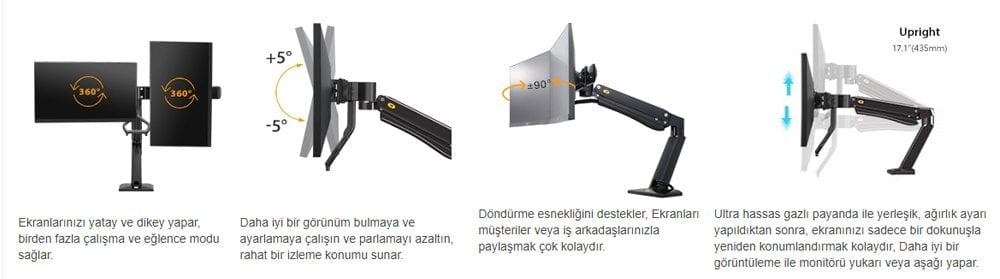 North Bayou 19-27'' Profesyonel Amortisörlü Tek Kol Duvar Lcd - Led Monitör Tutucu Stand