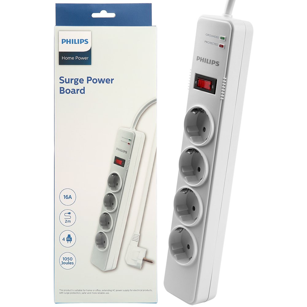 Philips 4'lü 2 Metre Kablolu 1050 Joule Anahtarlı Akım Korumalı Priz SPS1040B/51