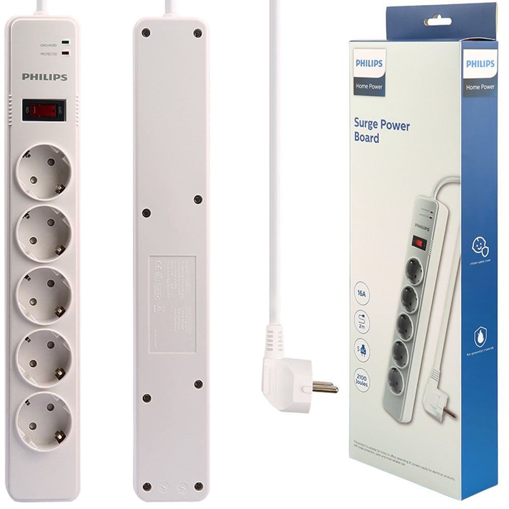 Philips 5'li 2 Metre Kablolu 2100 Joule Anahtarlı Akım Korumalı Priz SPS1050B/51