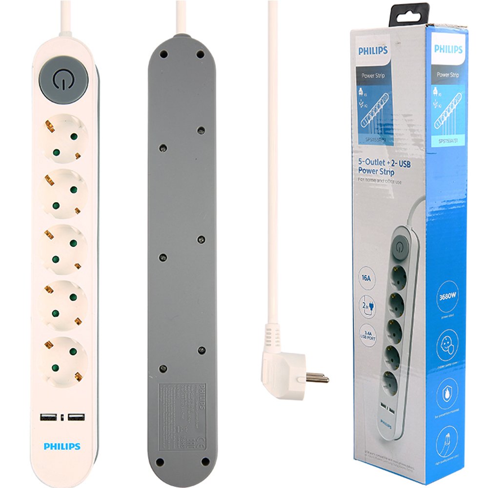 Philips 5'li 2 Metre Kablolu Çift Usb Anahtarlı Akım Korumalı Priz SPS1153A/51