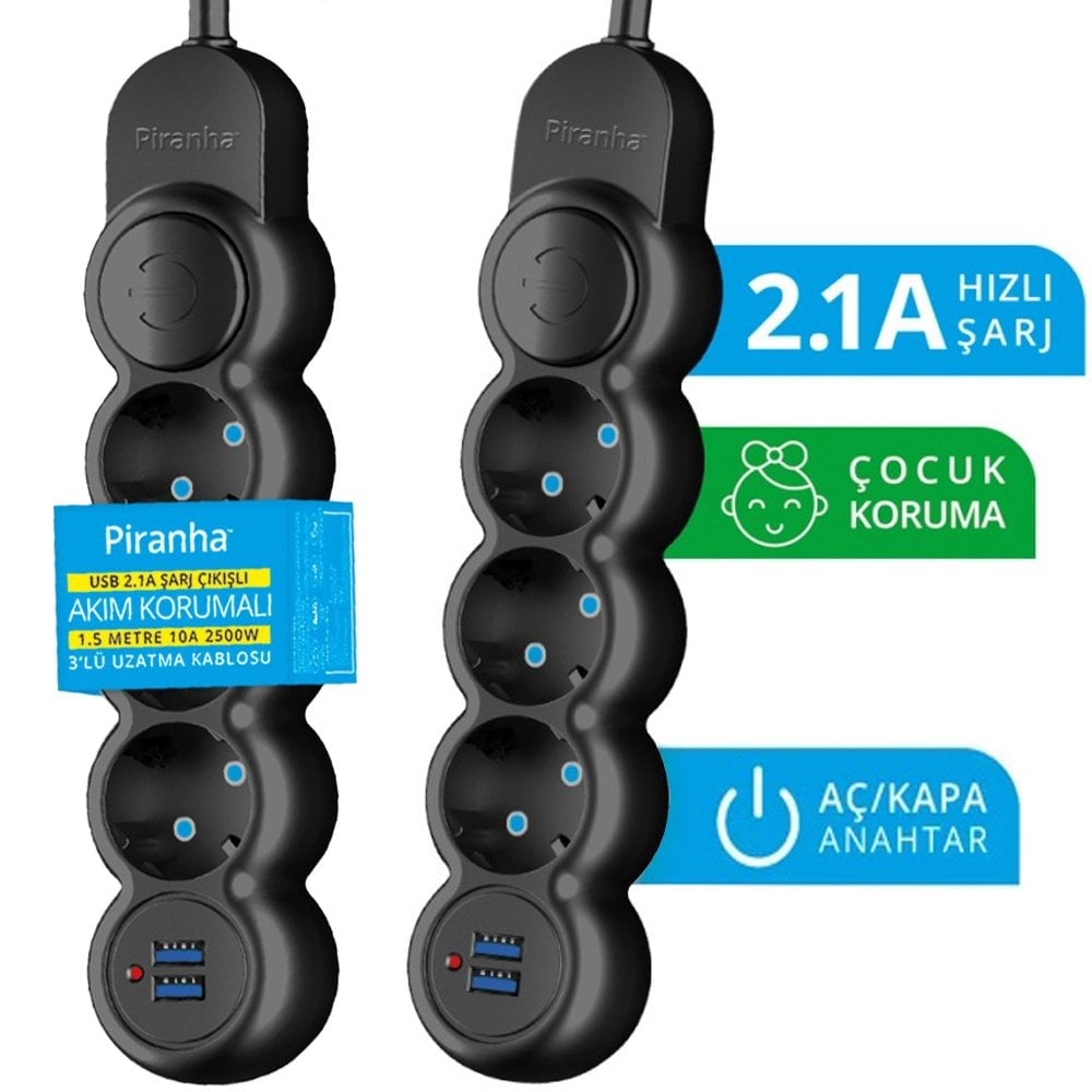 Piranha 3'lü Anahtarlı 1.5 Metre Kablolu 2 Usb Çıkışlı (2.1A) Akım Korumalı Priz 3393B