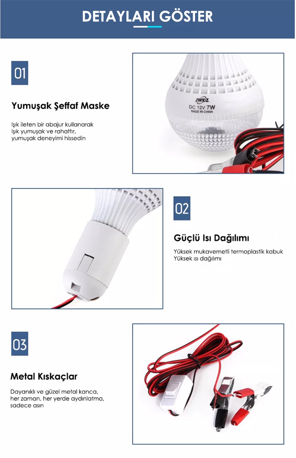 Powermaster 12 Volt -7 Watt Seyyar 4 Metre Kablolu Şarjlı Beyaz Led Ampul