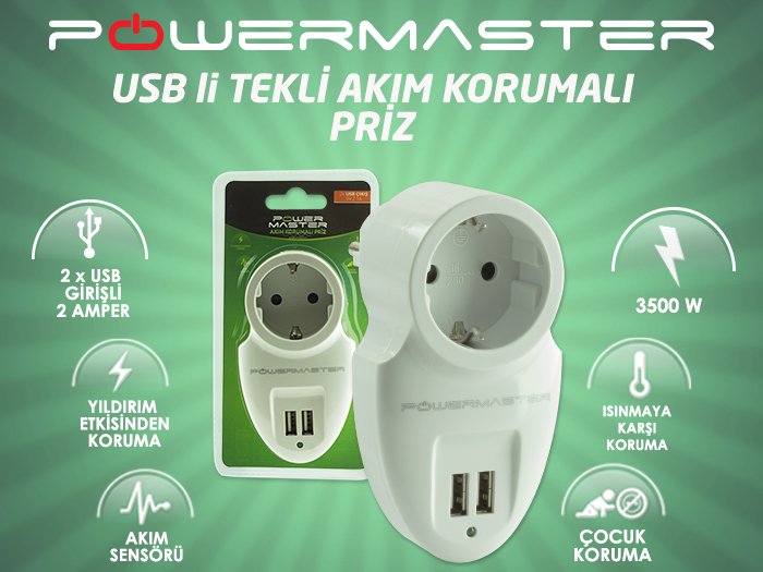Powermaster Akım Korumalı İki Usb'li Tekli Priz Özellikleri