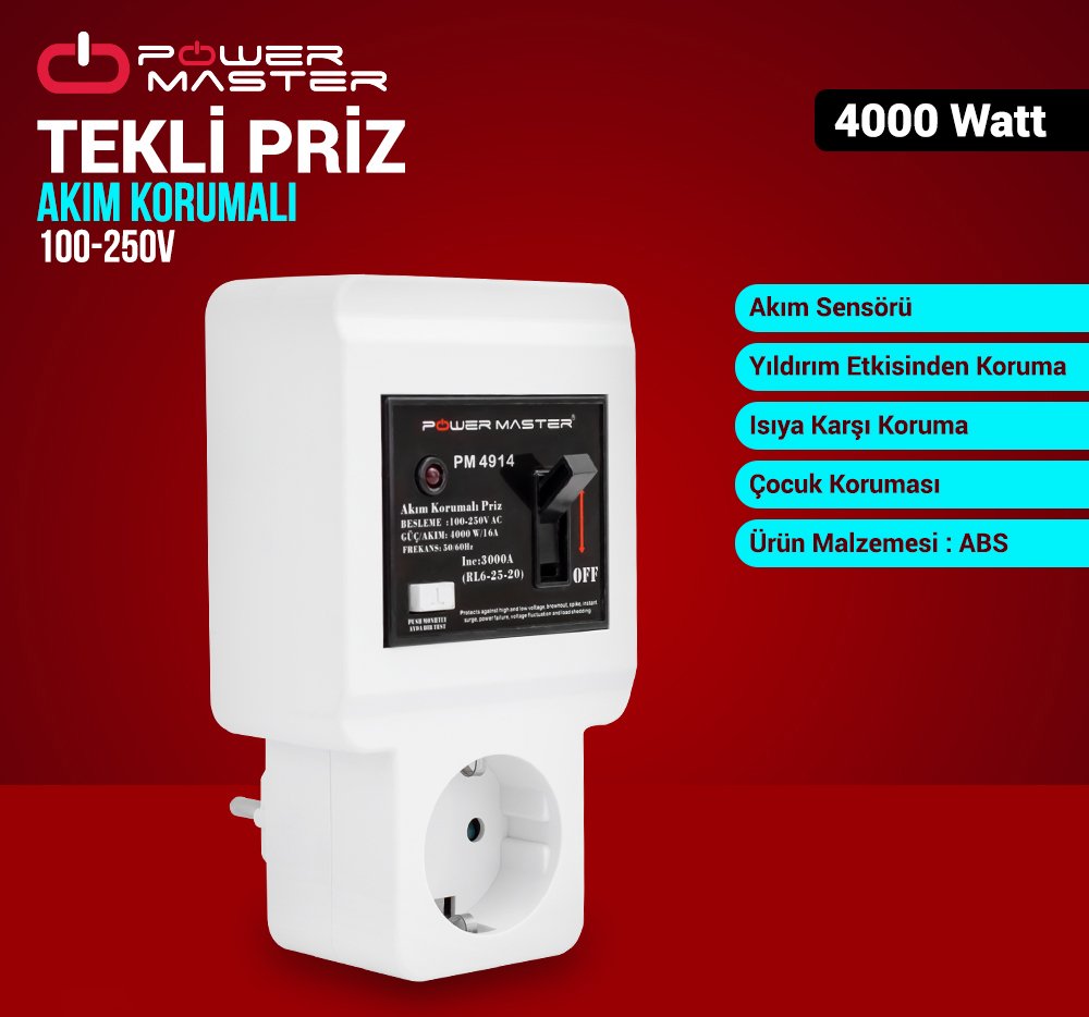 Powermaster 220 Volt 16 Amper Tekli Akım Korumalı Sigortalı Priz PM-4914