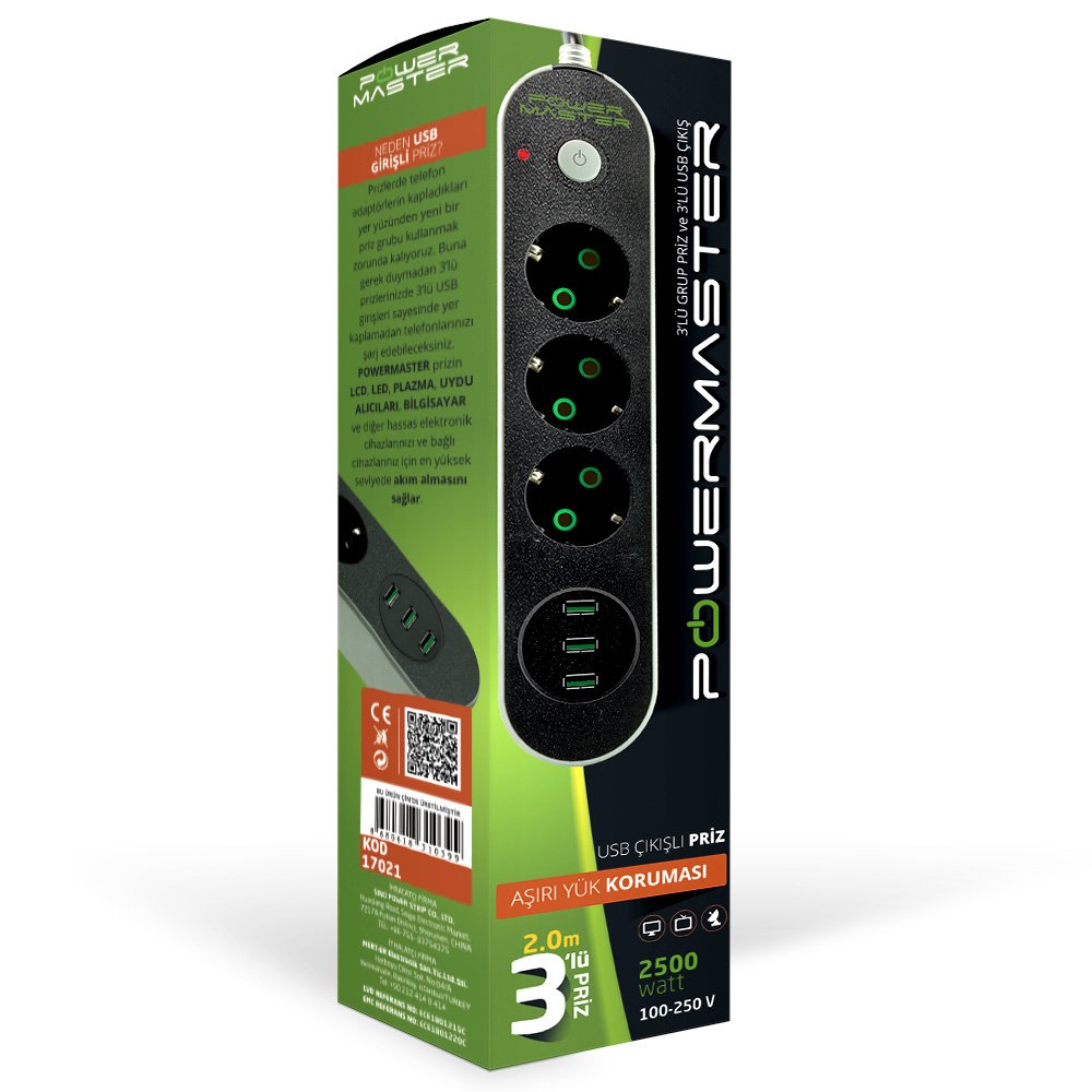 Powermaster Aşırı Yük Korumalı Priz 3 Usb Çıkışlı Kutu
