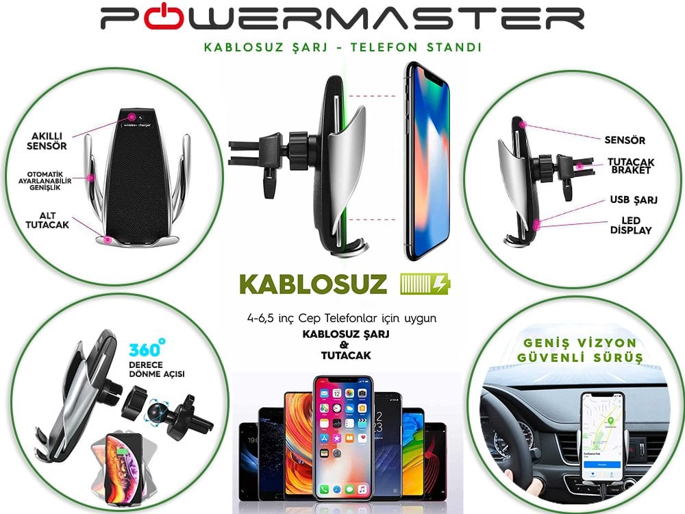 Powermaster Kablosuz Araç Şarj Tutacağı