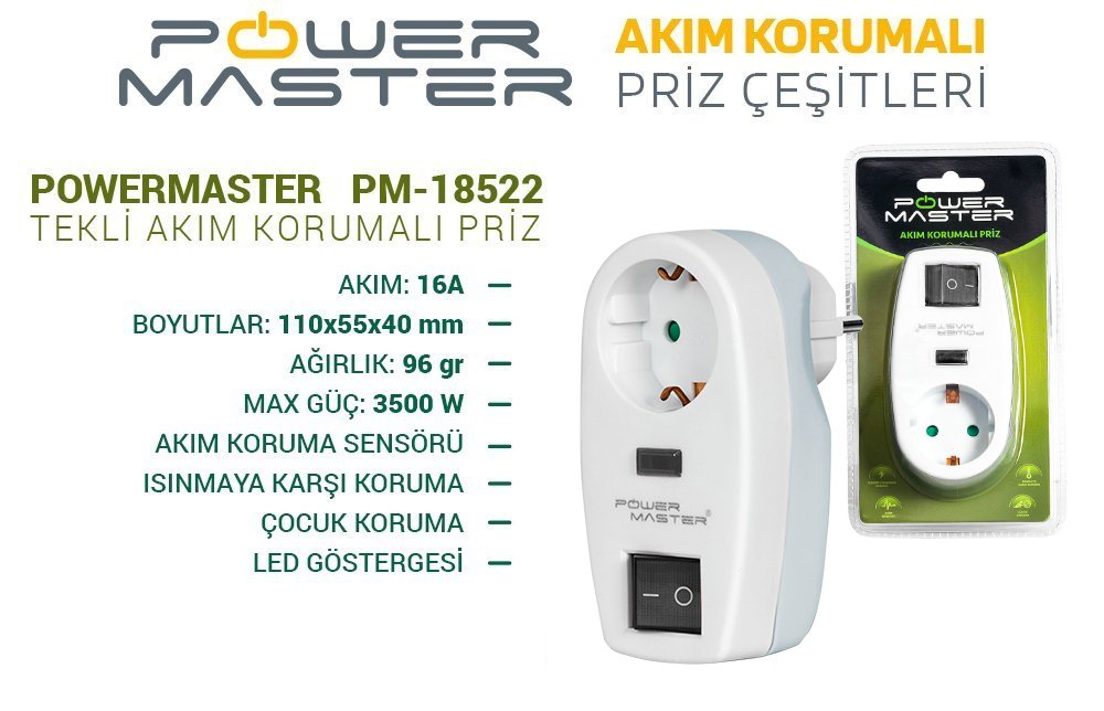 Powermaster PM-18522 Led Göstergeli Tekli Anahtarlı Akım Korumalı Priz