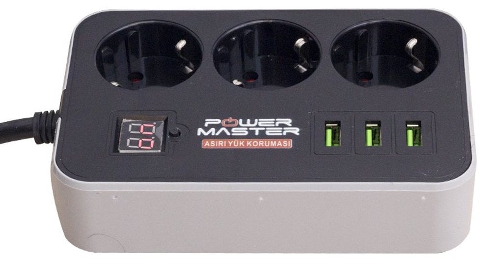 Powermaster PM-18530 3 Usb Çıkışlı 3'lü 1.8 Metre Kablolu Akım Korumalı Priz